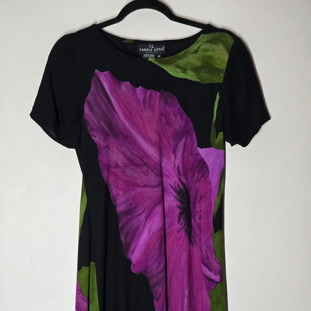 Carole Little Vintage 90s Black Oversize Floral Rayon Maxi Dress Petite 10